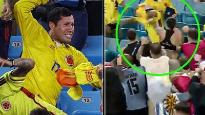 Kampf zwischen uruguayischen Spielern und kolumbianischen Fans bei der Copa América